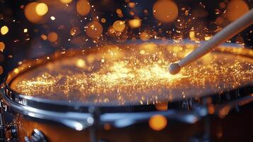 Water splashes dramatically over a wooden drum during a dynamic music performance photo