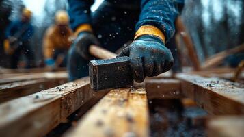 Construction workers hammering wooden planks at a building site during a rainy day photo