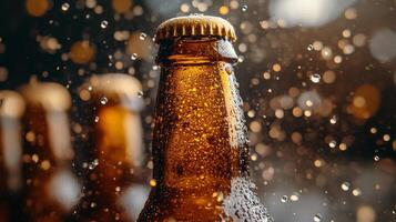 Refreshing beverage with droplets and bokeh background in dining setting during evening hours photo