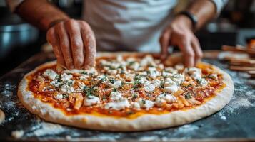 Hands expertly kneading dough on a flour-covered countertop in a bustling kitchen photo