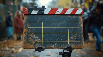 Chalkboard sign in bustling street adorned with fairy lights during evening hours photo