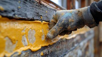 Hand applying yellow sealant to wooden surface for weatherproofing at construction site photo