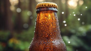 Refreshing beverage with droplets and bokeh background in dining setting during evening hours photo