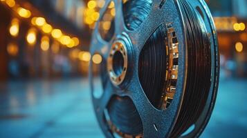 Artistic representation of a film reel surrounded by sparkling light effects photo