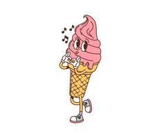 Cartoon groovy fast food ice cream cone character vector