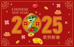 Funny green snake with red money envelopes, coins vector