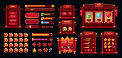 Chinese game interface, gui buttons, frames asset vector
