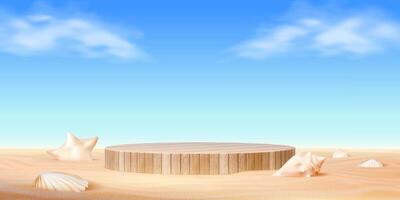Wooden showcase podium on beach sand with shells vector
