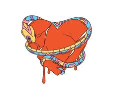 Retro hippie broken heart with snake groovy symbol vector