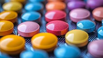 Capsule bottle surrounded by various colored capsules in a pharmacy setting photo
