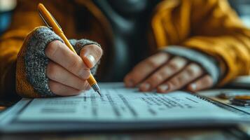 Writing in a notebook with pens at a cozy workspace during the evening photo