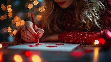 Creating heartfelt messages with red pen in cozy setting during festive season photo