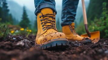 Exploring the outdoors in rugged boots while digging in the forest terrain photo