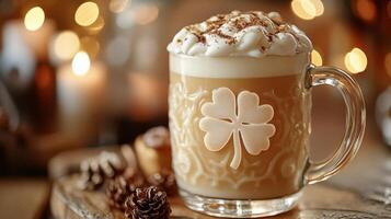 Cheers with a pint of beer decorated with a shamrock for St Patricks Day celebration photo