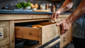 Wooden drawer opening in a modern kitchen while preparing ingredients and tools for cooking photo