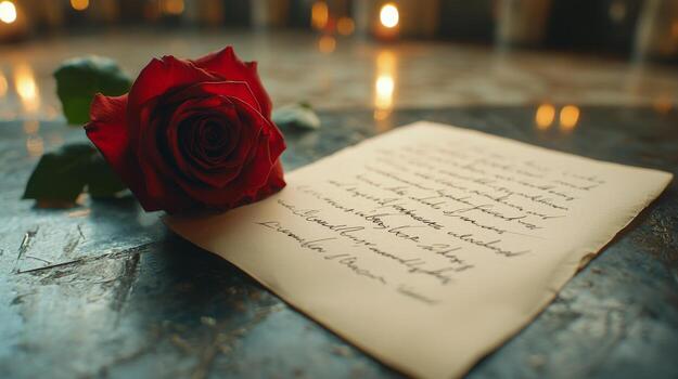 Elegant red rose beside a handwritten letter on a rustic wooden table in a dimly lit setting photo