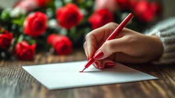 Creating heartfelt messages with red pen in cozy setting during festive season photo