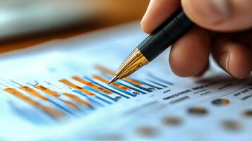 Hand holding a pen while reviewing financial documents in a well-lit office setting photo