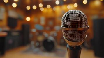 Recording studio setting with a microphone and wooden paneling for music production photo