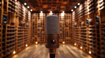Recording studio setting with a microphone and wooden paneling for music production photo