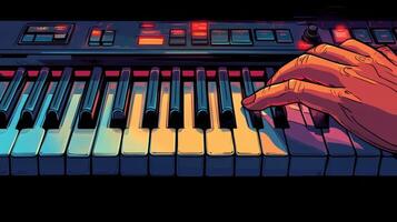 Hands play synthesizer keys in a cozy music studio during evening hours photo