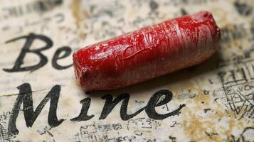 Romantic message written on vintage paper with red ink and heart on dark surface photo