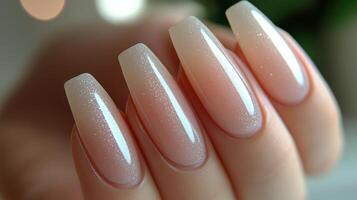Nail art with glossy pink finish under vibrant lighting photo