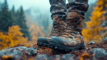 Hiking boots on a rocky surface surrounded by autumn foliage in a misty forest photo