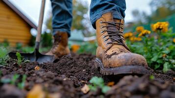 Exploring the outdoors in rugged boots while digging in the forest terrain photo