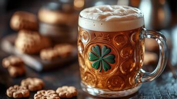 Cheers with a pint of beer decorated with a shamrock for St Patricks Day celebration photo
