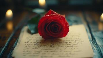 Elegant red rose beside a handwritten letter on a rustic wooden table in a dimly lit setting photo