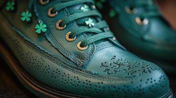 Green footwear with shamrock decorations for festive celebration in a close-up view photo