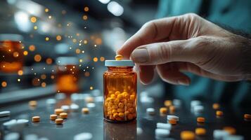 Hand placing yellow pill into amber bottle surrounded by various medications on a clinical workspace photo