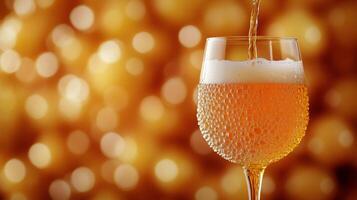 Craft beer being poured into a clear glass on a wooden table photo