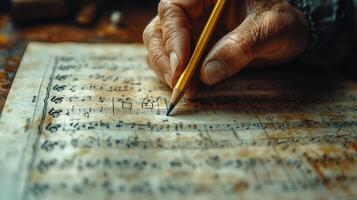 Creating musical notations with a pencil on sheet music for a new composition photo