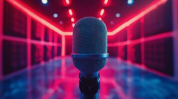 Recording studio setting with a microphone and wooden paneling for music production photo