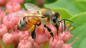 Close-up of a honeybee gathering nectar from a yellow flower on a sunny day in a garden photo