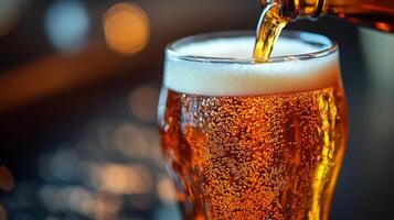Craft beer being poured into a clear glass on a wooden table photo