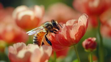 Close-up of a honeybee gathering nectar from a yellow flower on a sunny day in a garden photo