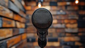 Recording studio setting with a microphone and wooden paneling for music production photo