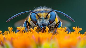 Close-up of a honeybee gathering nectar from a yellow flower on a sunny day in a garden photo