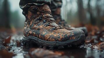Hiking boots on a rocky surface surrounded by autumn foliage in a misty forest photo