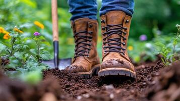 Exploring the outdoors in rugged boots while digging in the forest terrain photo