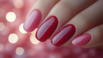 Nail art with glossy pink finish under vibrant lighting photo