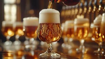 Craft beer being poured into a clear glass on a wooden table photo