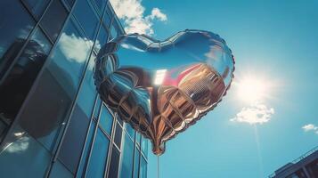 Shiny heart-shaped balloon floating against a clear sky near a modern building photo