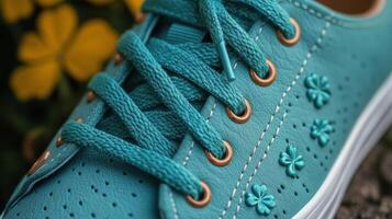 Green footwear with shamrock decorations for festive celebration in a close-up view photo