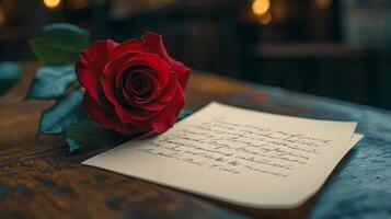 Elegant red rose beside a handwritten letter on a rustic wooden table in a dimly lit setting photo