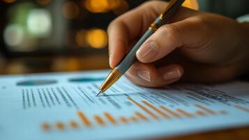 Hand holding a pen while reviewing financial documents in a well-lit office setting photo