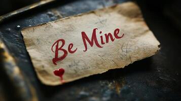Romantic message written on vintage paper with red ink and heart on dark surface photo